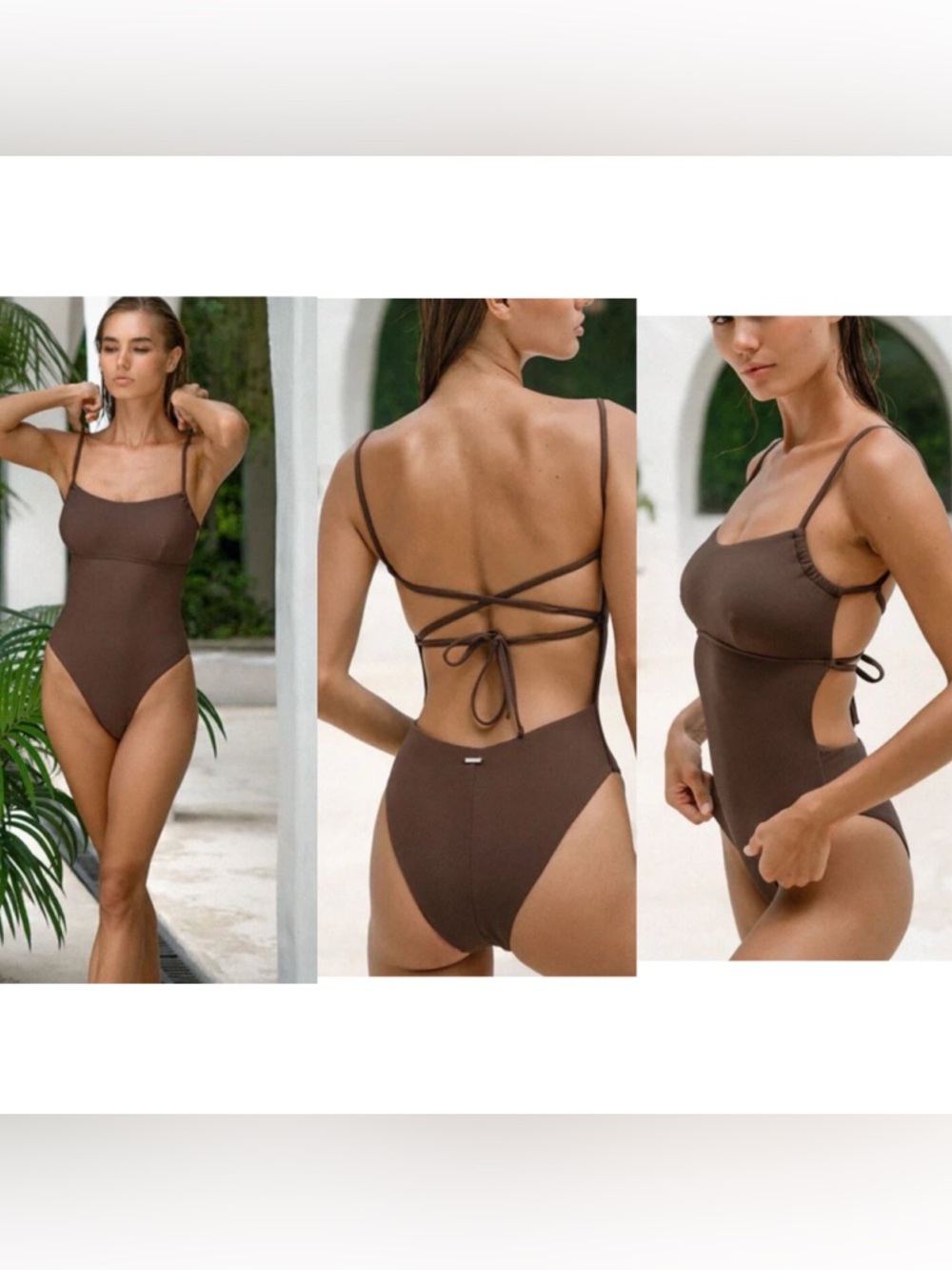 NWT BERLOOK Brown RIBBED High Leg Strappy One-Piece Swimsuit